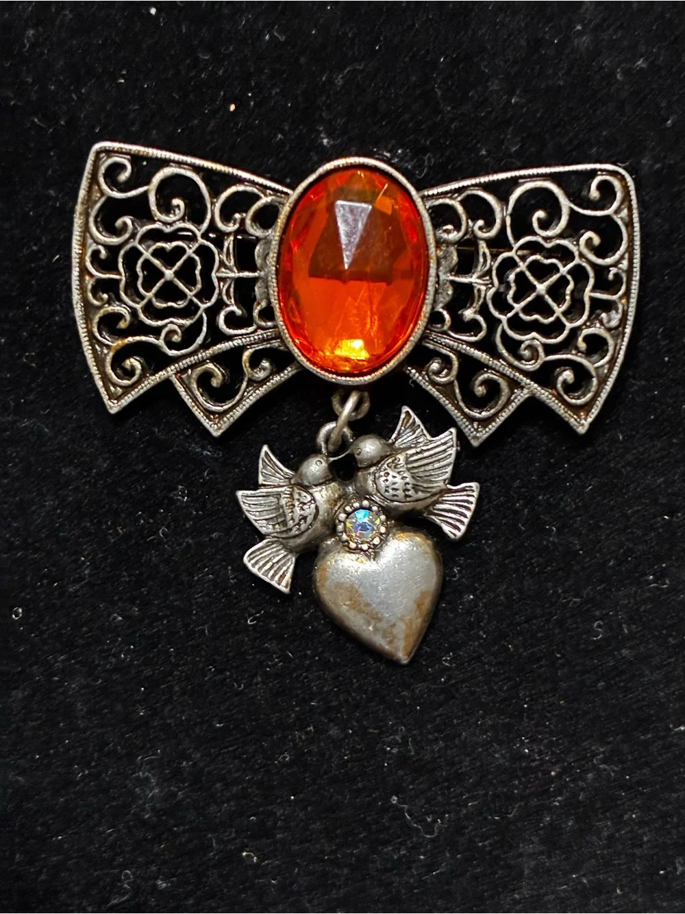 Vintage EUC Heart Dangle Brooch / Antiqued Brass Bow Heart Crystal  Brooch